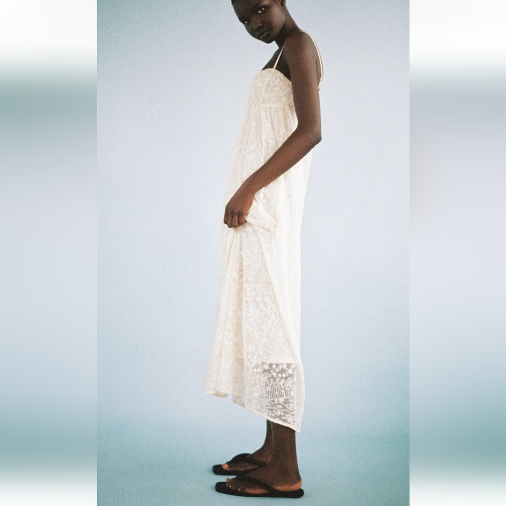 Zara Cream Tulle Embroidered Dress